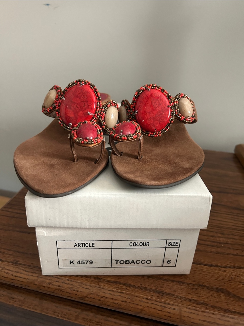 Women's Embellished Red and Tan Thong Sandals - Tobacco Footbed